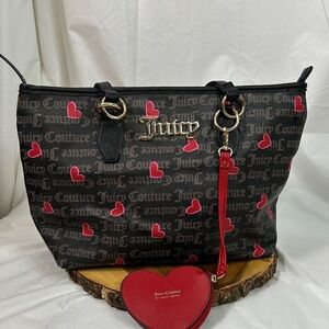 Juicy Couture Black Tote with Pink Hearts Valentines edition w/heart coin pouch